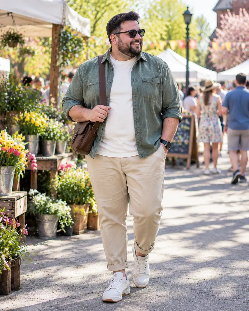 Textured Olive Layers and Cuffed Khakis