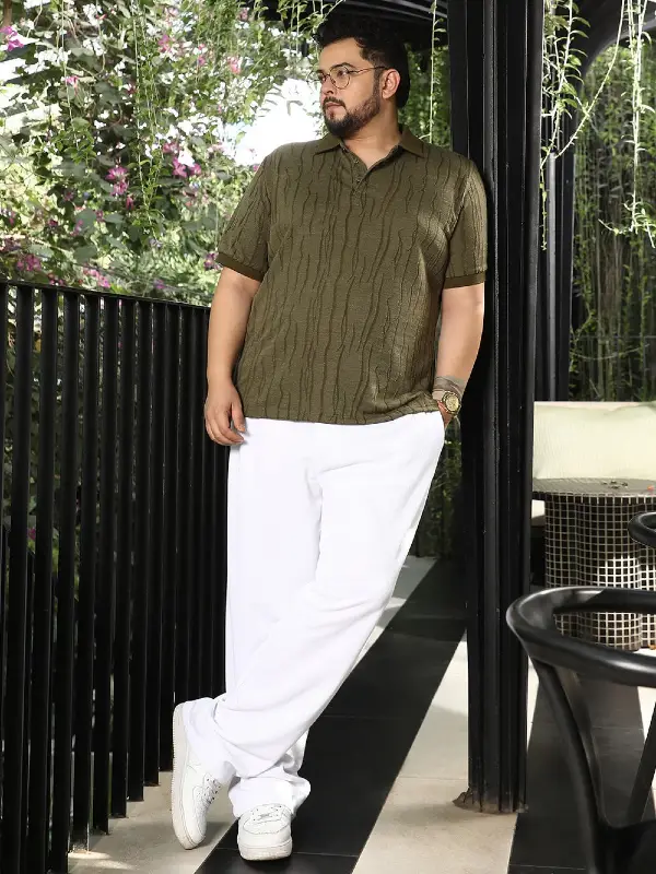 Textured Olive Polo and White Trousers