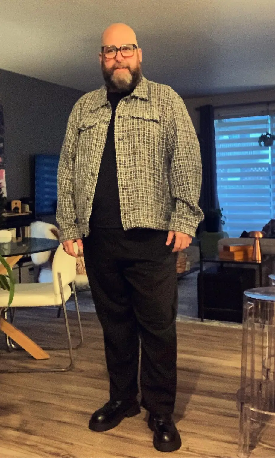 Textured Patterned Jacket with Black Trousers