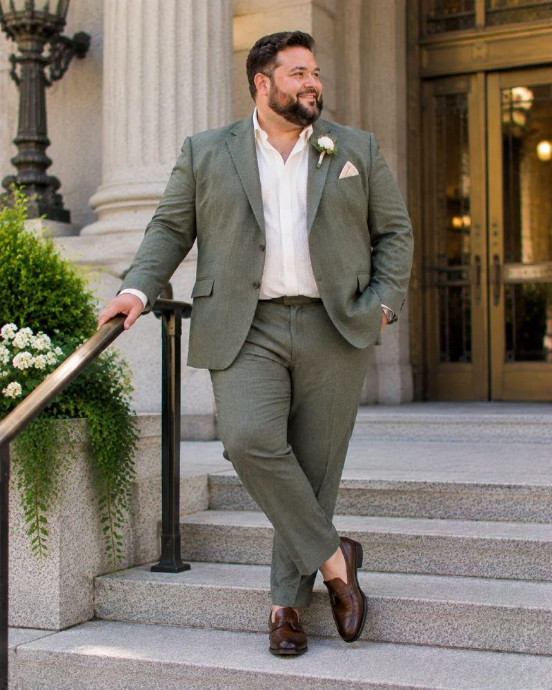 Textured Sage Green Suit with Brown Loafers