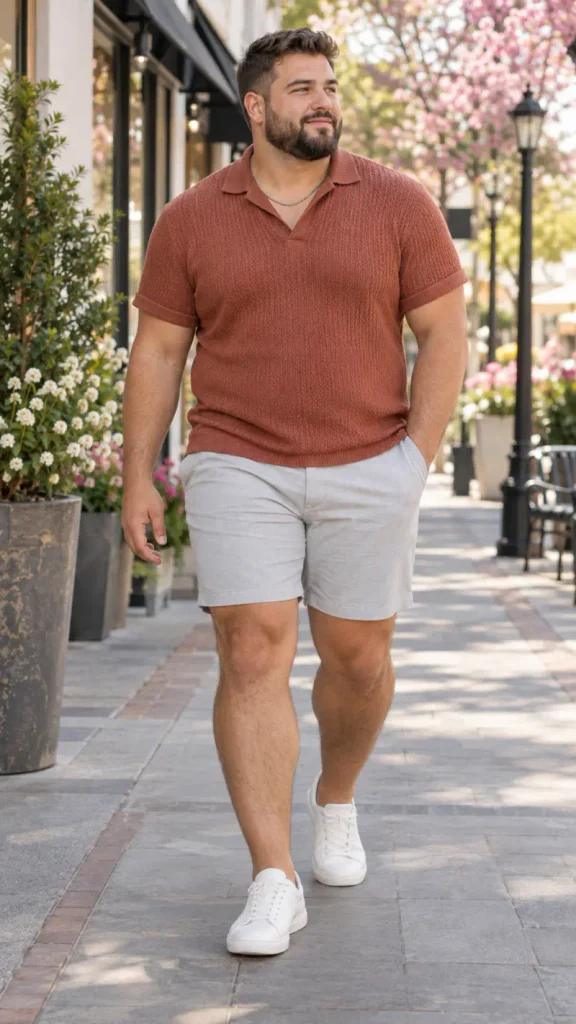 Textured Terracotta Knit and Pale Stone Shorts
