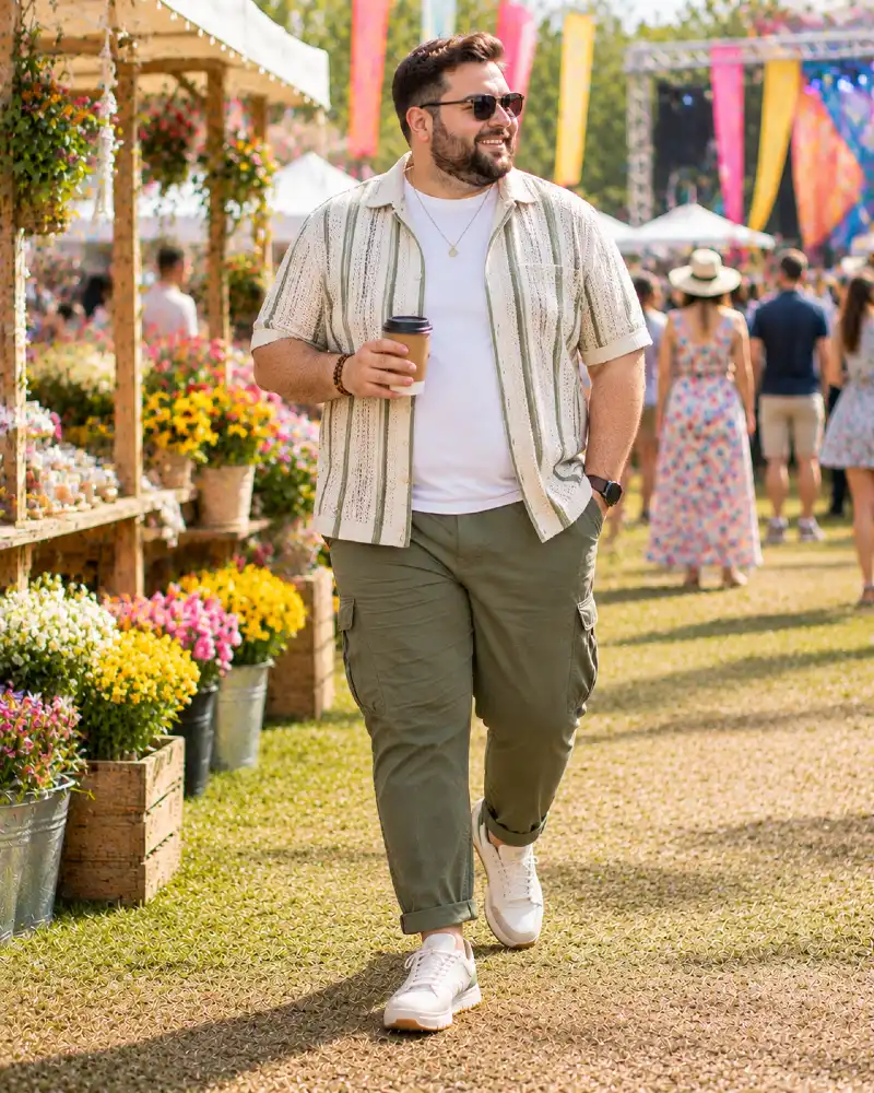 Textured Vertical Stripes and Olive Cargo Pants