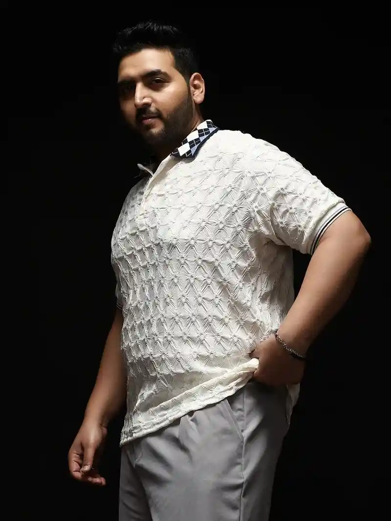 Textured White Knit Polo