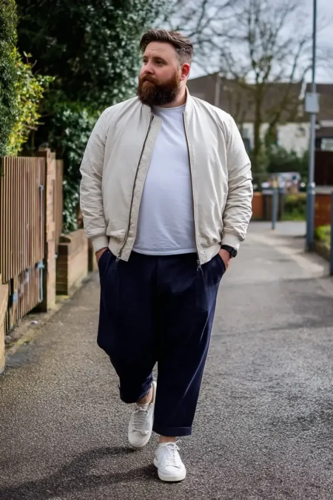 The Beige Bomber Jacket and Cropped Navy Trousers