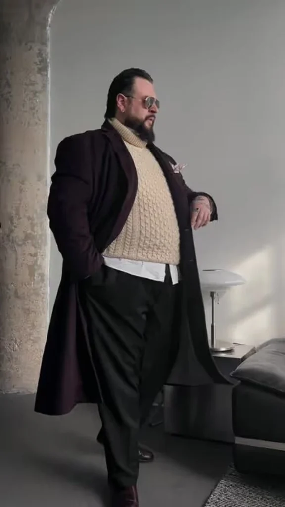 The Burgundy Overcoat and Cable-Knit Layering