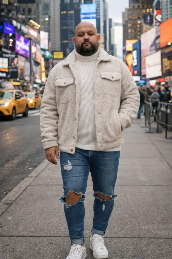 The Cream Sherpa Trucker Jacket and Distressed Denim