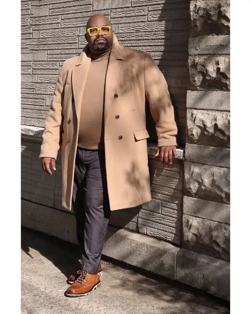 The Double-Breasted Camel Coat and Pinstripes