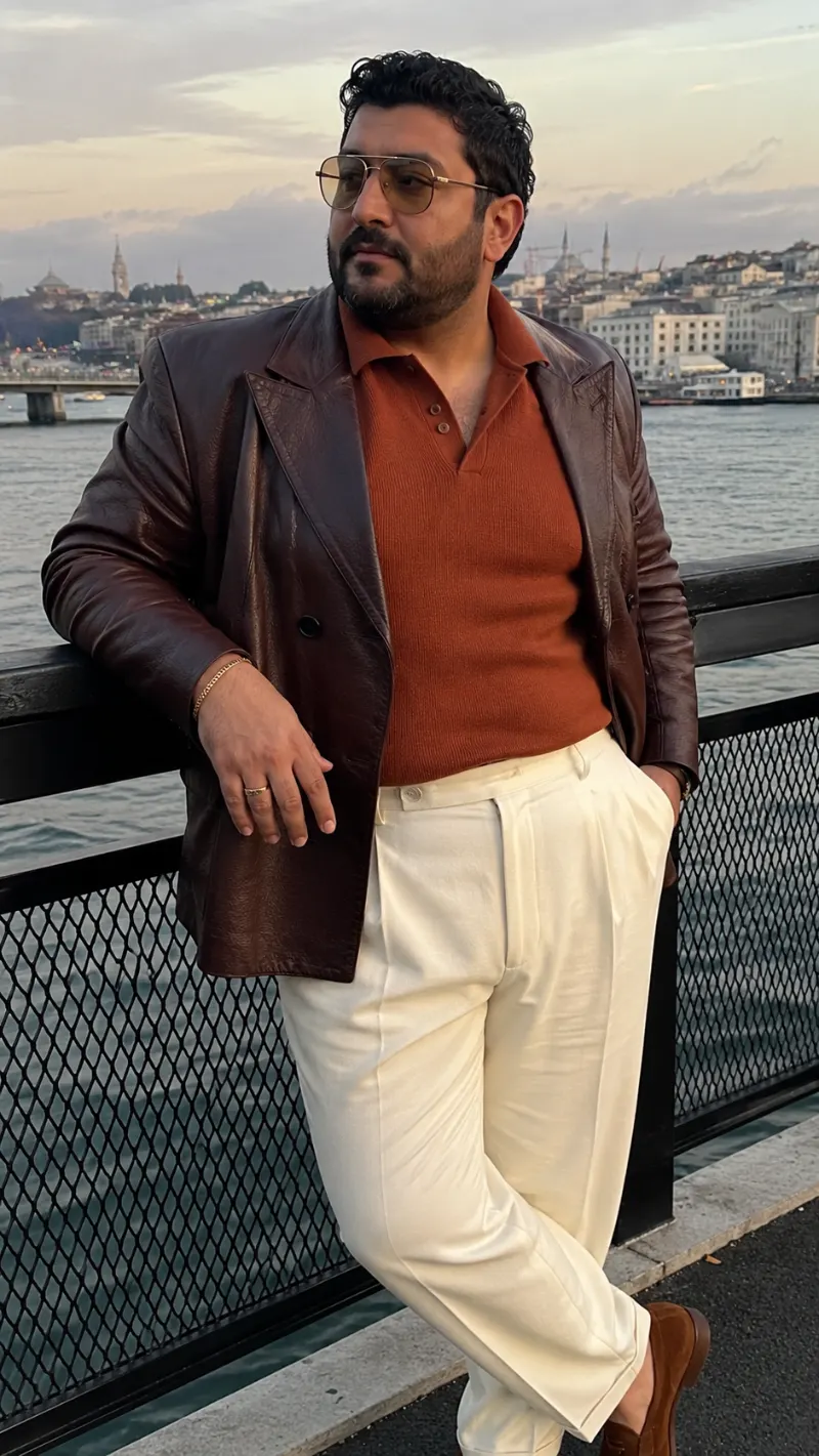 The Leather Blazer and Pleated Trousers Look