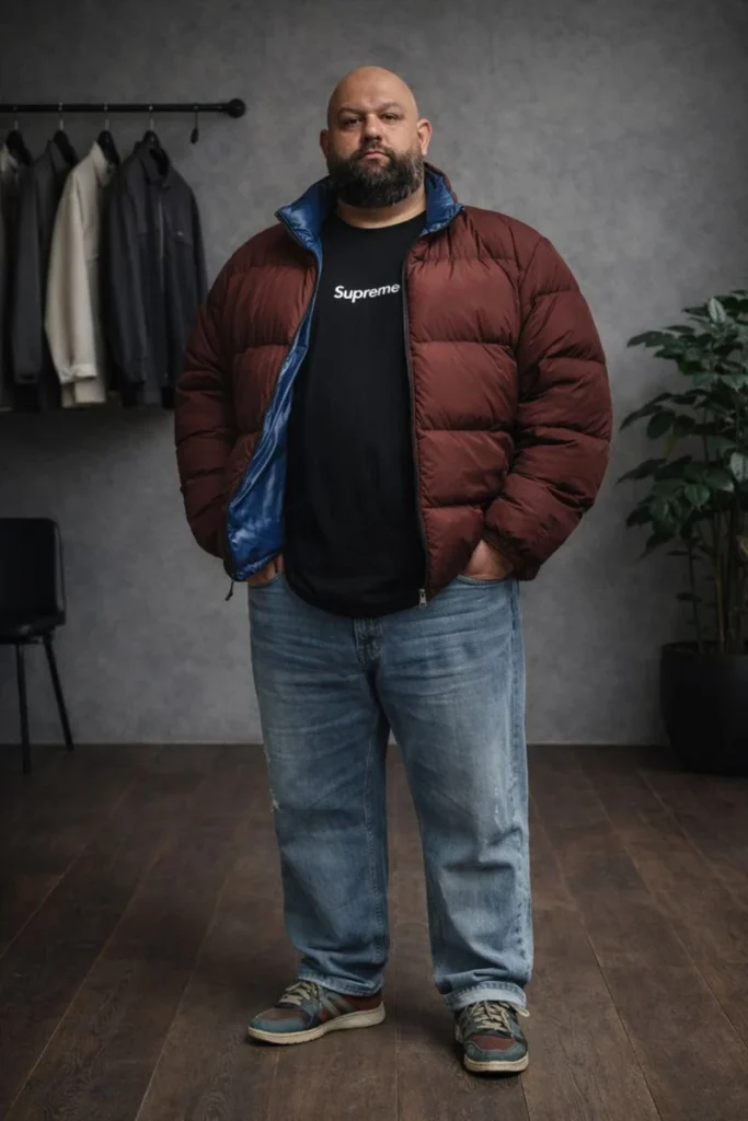 The Maroon Puffer Jacket and Light Wash Jeans