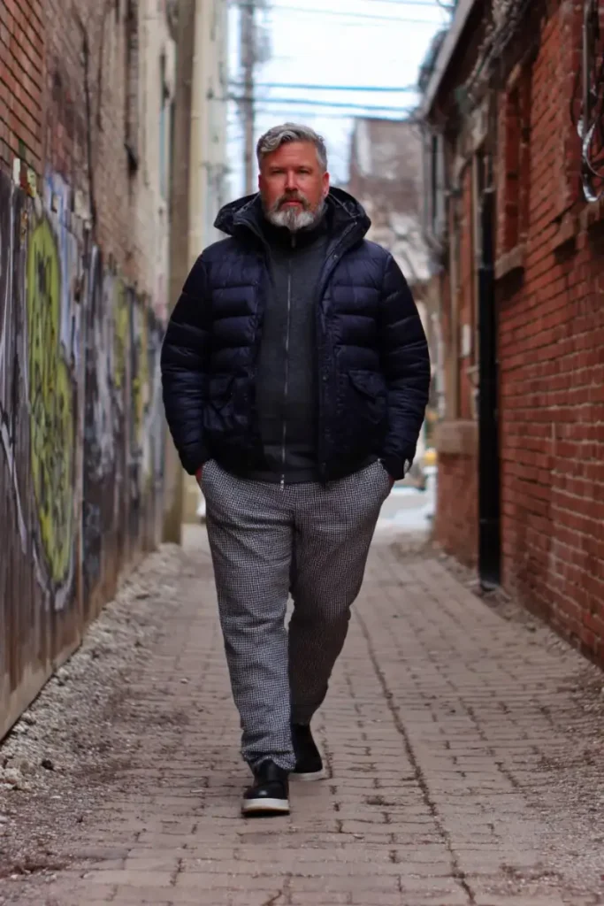 The Navy Puffer Jacket and Patterned Trousers