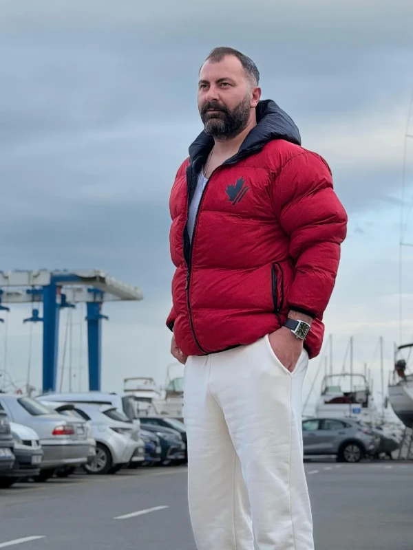 The Red Puffer Jacket and White Sweatpants