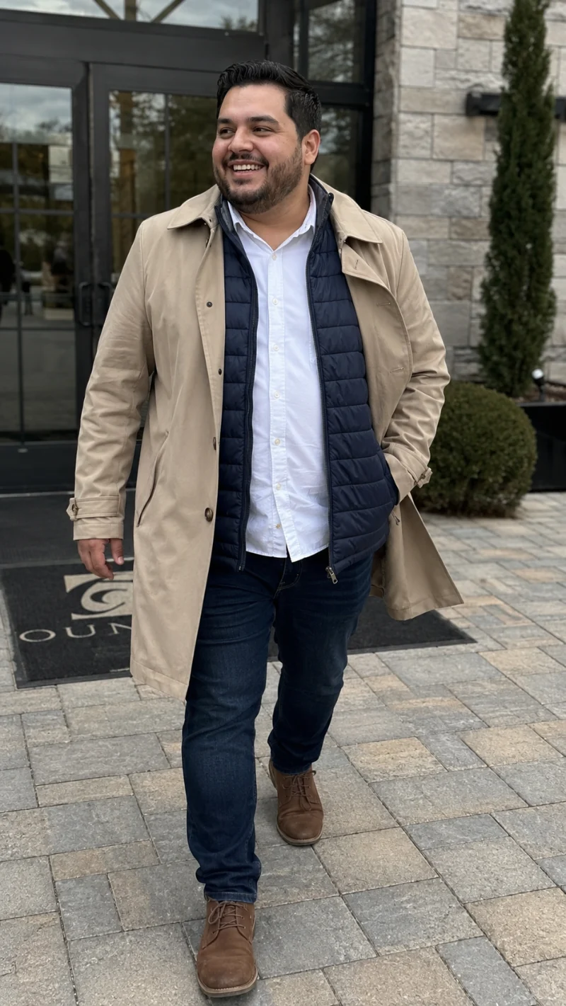 Trench Coat, Puffer Vest, White Shirt, Dark Jeans, and Boots