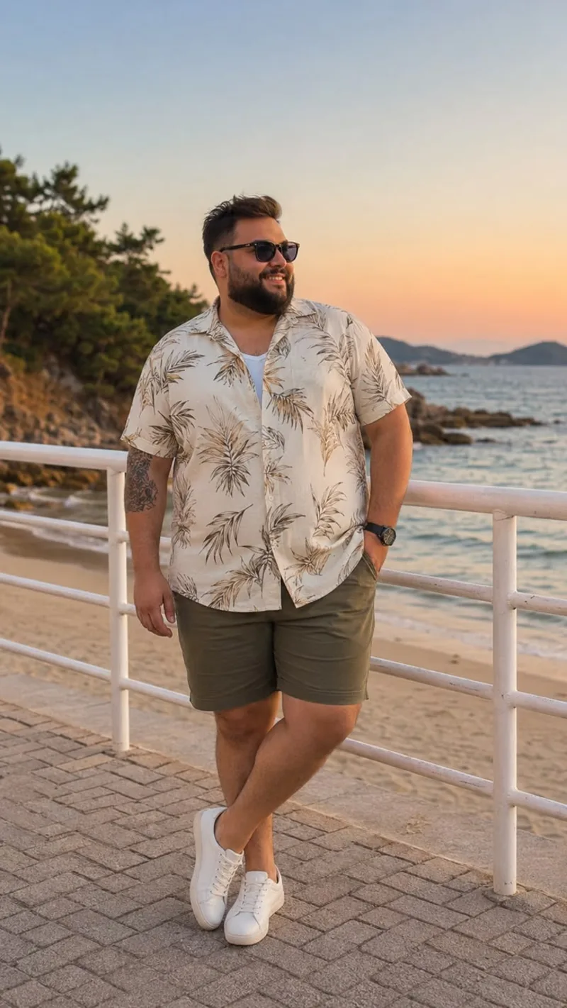Tropical Short Sleeve Button Down and Olive Shorts
