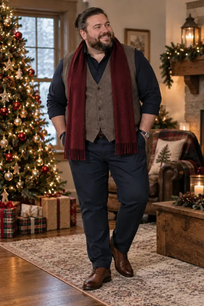 Tweed Vest And Burgundy Scarf Layering