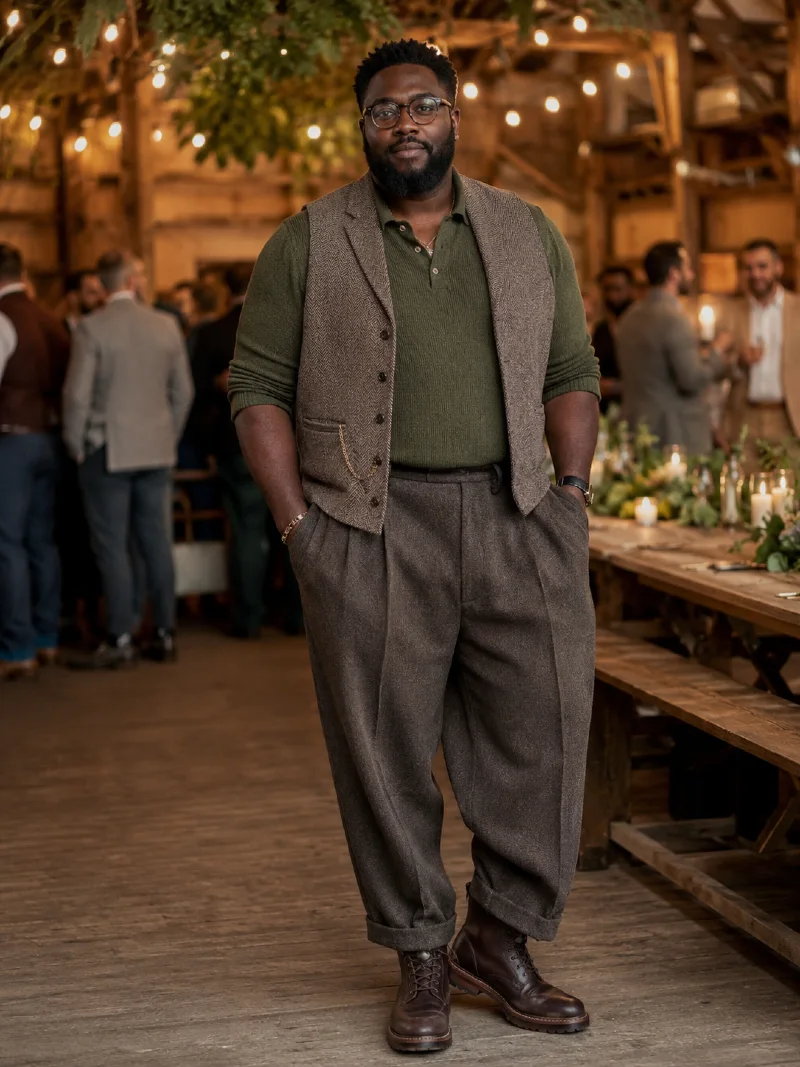 Tweed Vest and Pleated Trousers Outfit