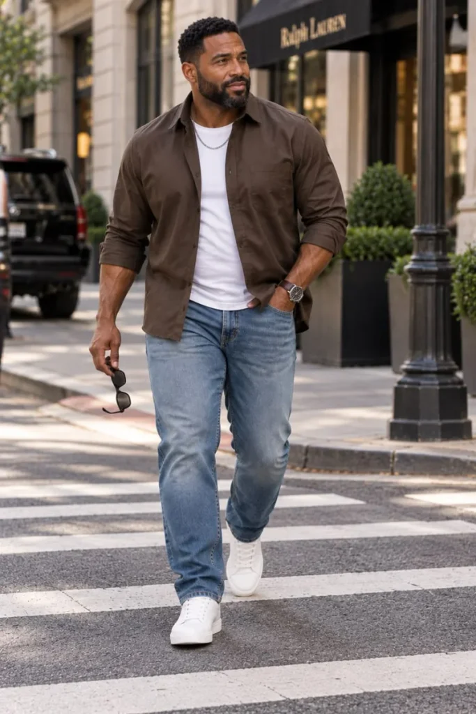 Unbuttoned Brown Shirt and Light Wash Denim