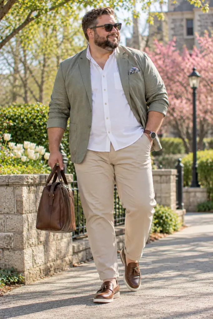 Unstructured Olive Blazer and Untucked White Shirt