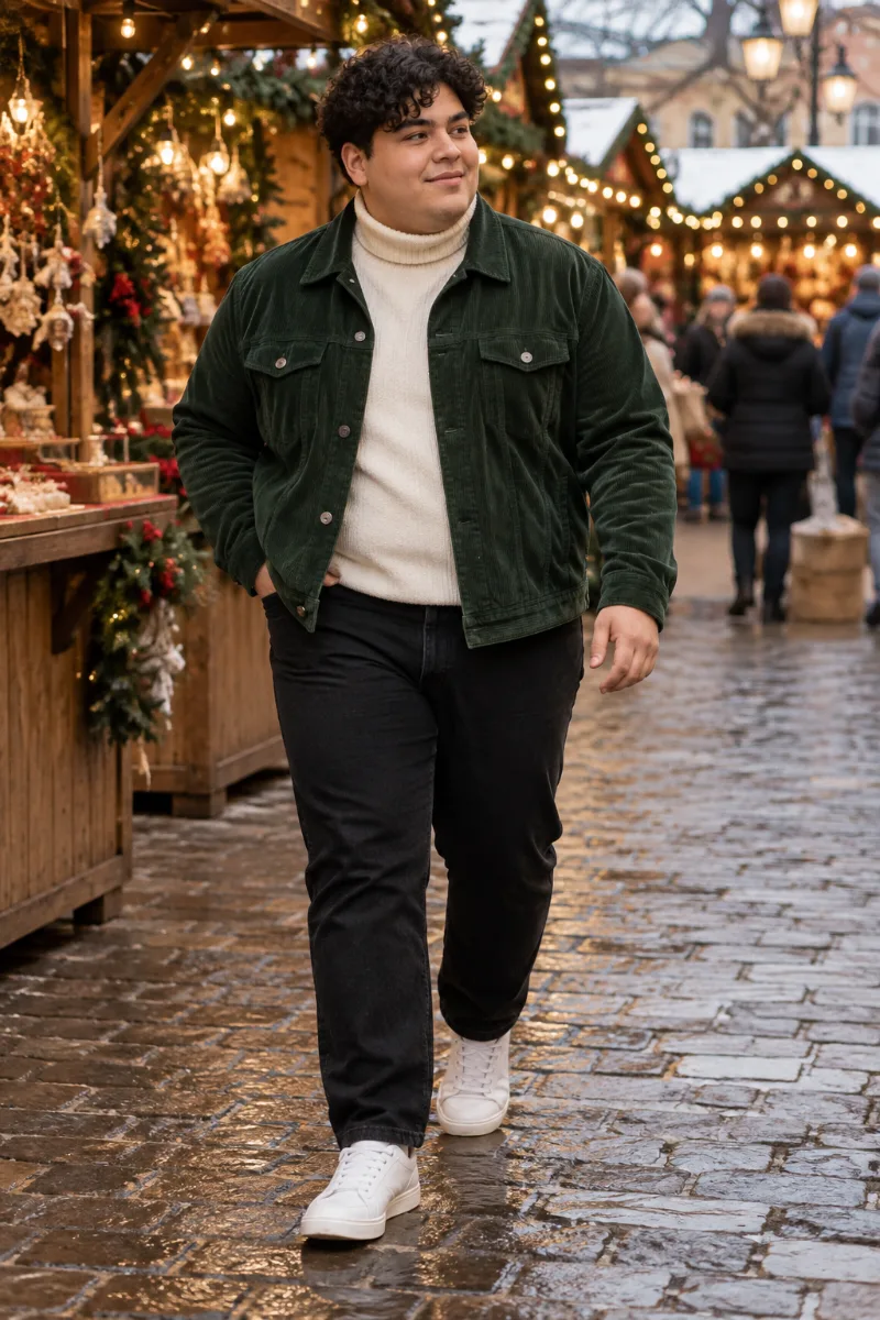 Use a Green Corduroy Jacket for a Casual Christmas Look