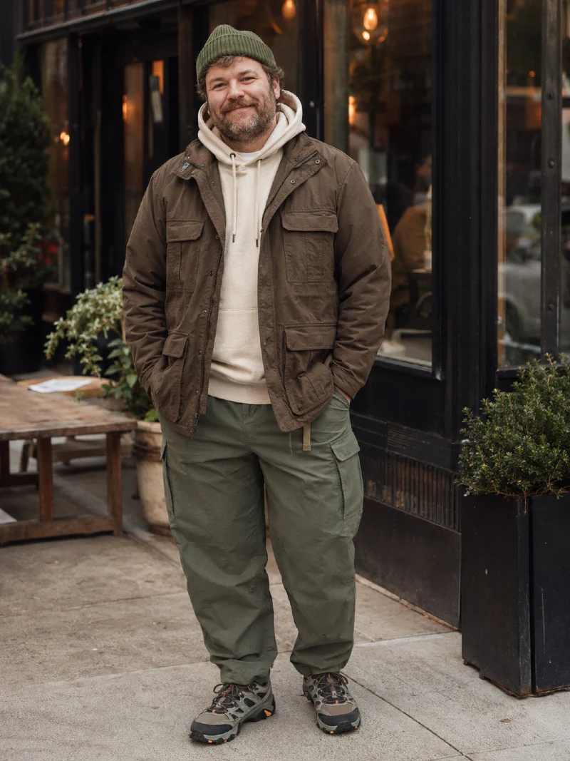 Utility Field Jacket, Cream Hoodie, Olive Cargo Pants, Beanie, and Trail Shoes