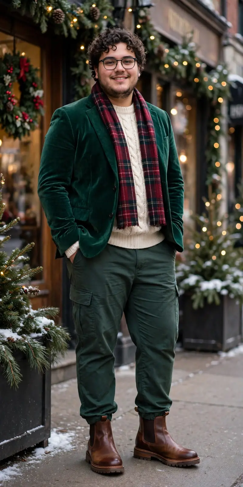 Velvet Blazer, Cable-Knit Sweater, Plaid Scarf, Cargo Pants, and Chelsea Boots