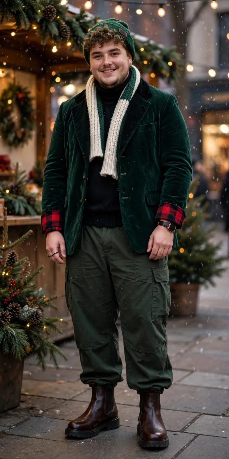 Velvet Blazer, Turtleneck Sweater, Cargo Pants, and Chelsea Boots