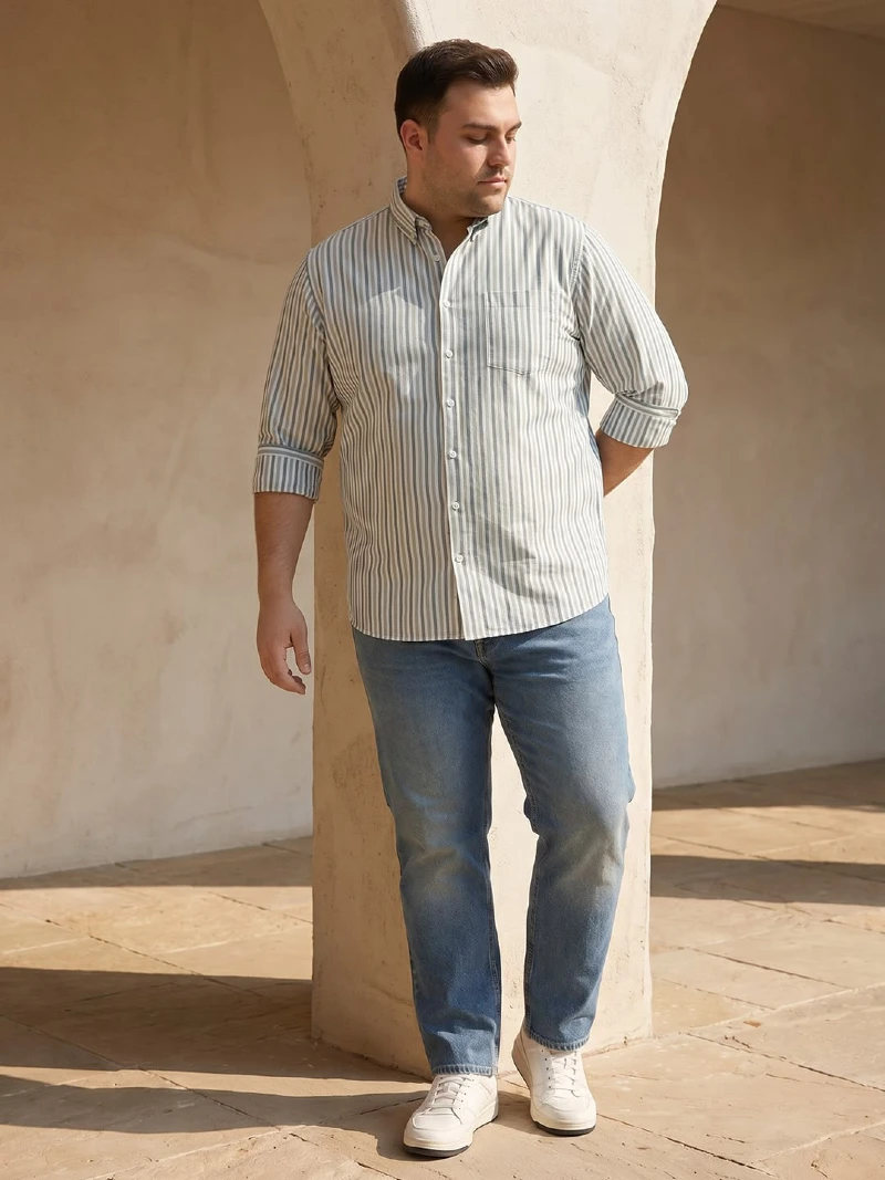 Vertical Striped Dress Shirt and Light Blue Jeans