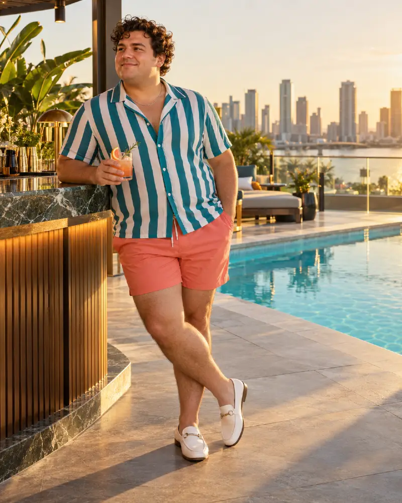 Vertical Teal Stripes With Sunset Coral Shorts