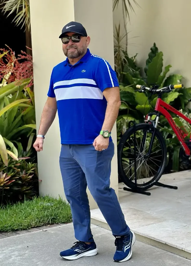 Vibrant Blue Polo and Athletic Trousers