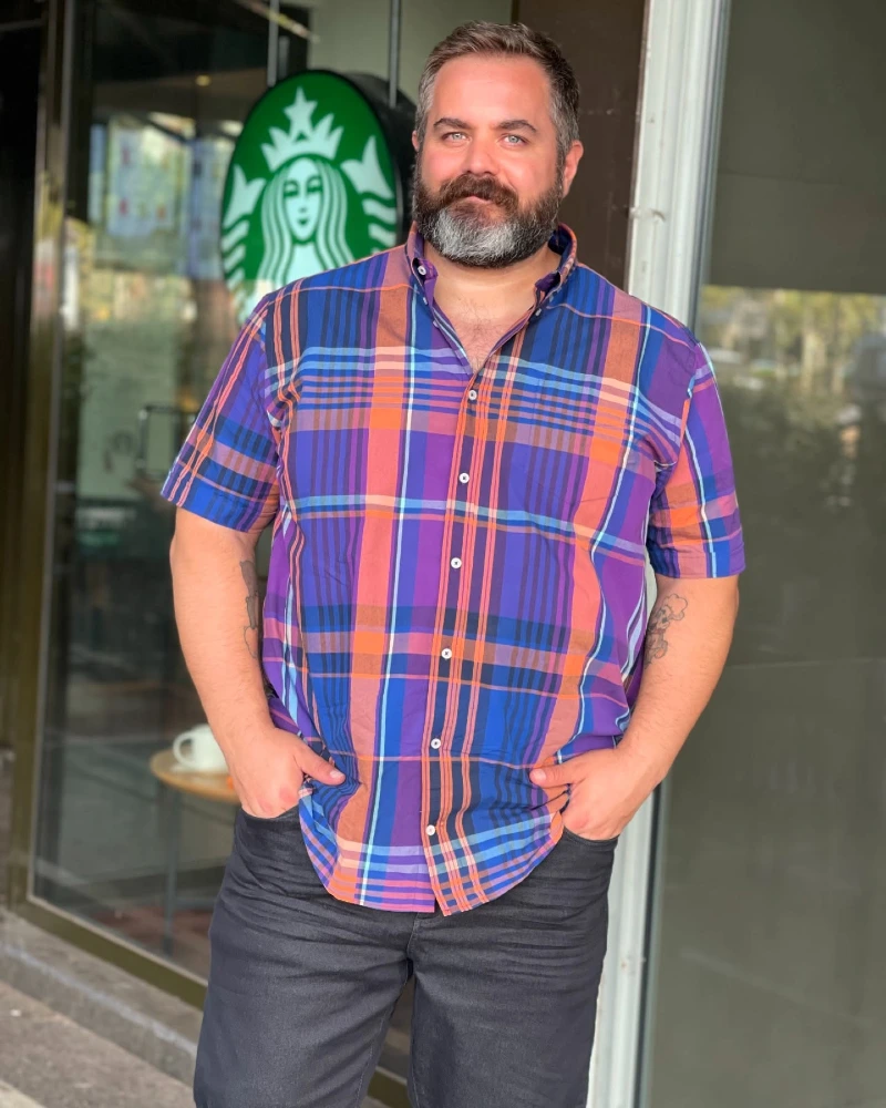 Vibrant Purple and Orange Plaid Shirt