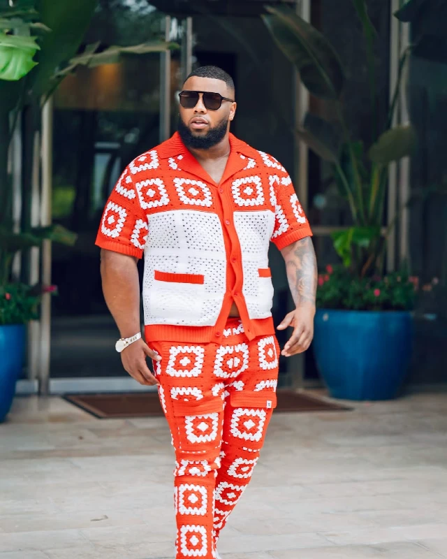 Vibrant Red and White Crochet Shirt and Pants Set