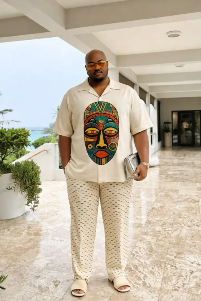 Vibrant Tribal Mask Print and Patterned Trousers