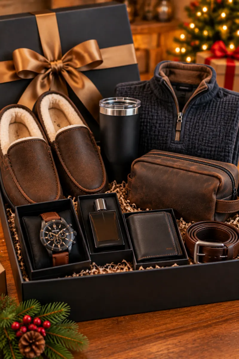 Waffle-Knit Quarter-Zip Pullover, Leather Slippers, Leather Belt, and Grooming Essentials Gift Set