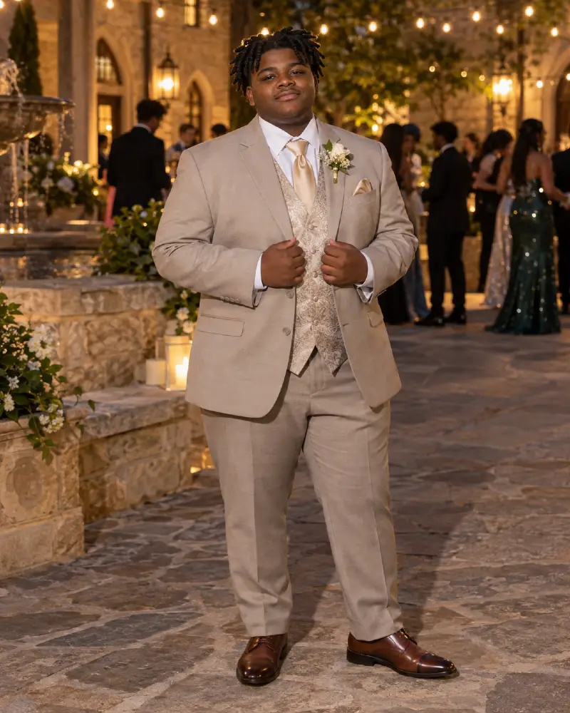 Warm Tan Three Piece Suit For Outdoor Evening Celebrations