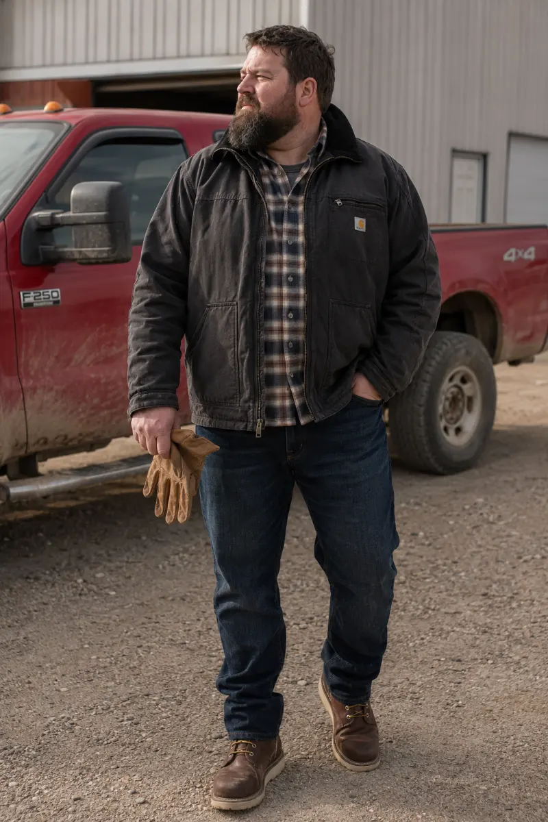 Washed Black Canvas Work Jacket with Plaid Flannel Shirt and Dark Indigo Jeans