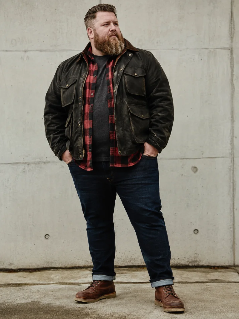 Waxed Field Jacket, Red Plaid Flannel Shirt, and Dark Cuffed Jeans