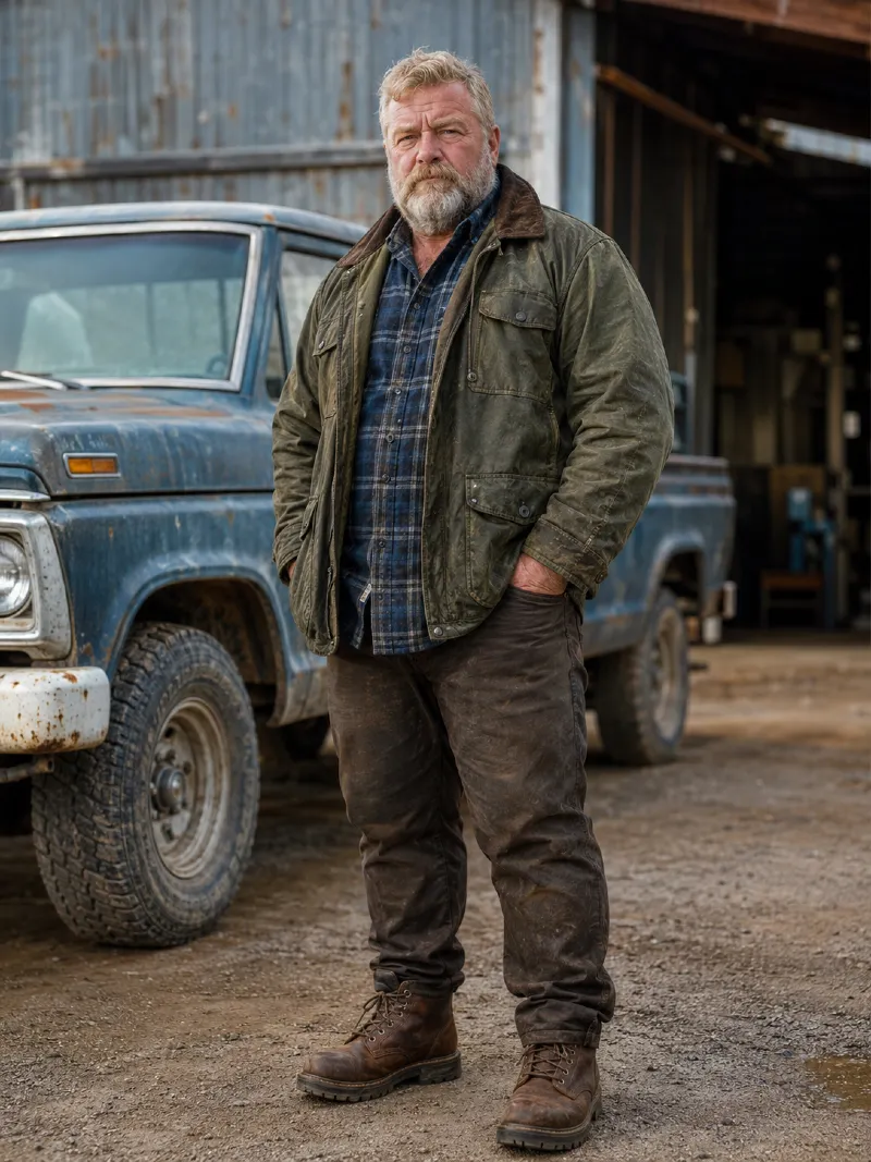 Waxed Olive Barn Coat with Blue Plaid Flannel Shirt and Distressed Brown Canvas Work Pants