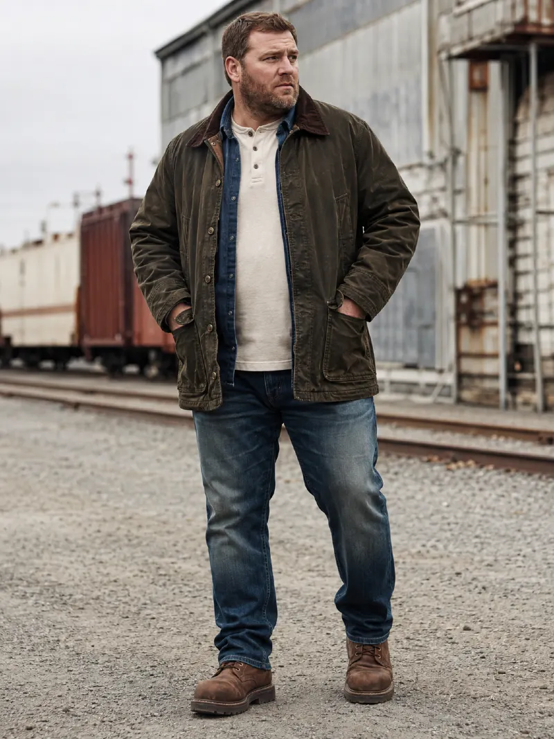 Waxed Olive Barn Coat with Denim Button-Up Shirt, Off-White Henley, and Medium-Wash Jeans