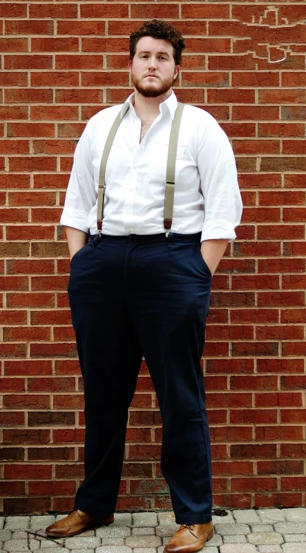 White Button-Down, Navy Trousers, and Tan Suspenders