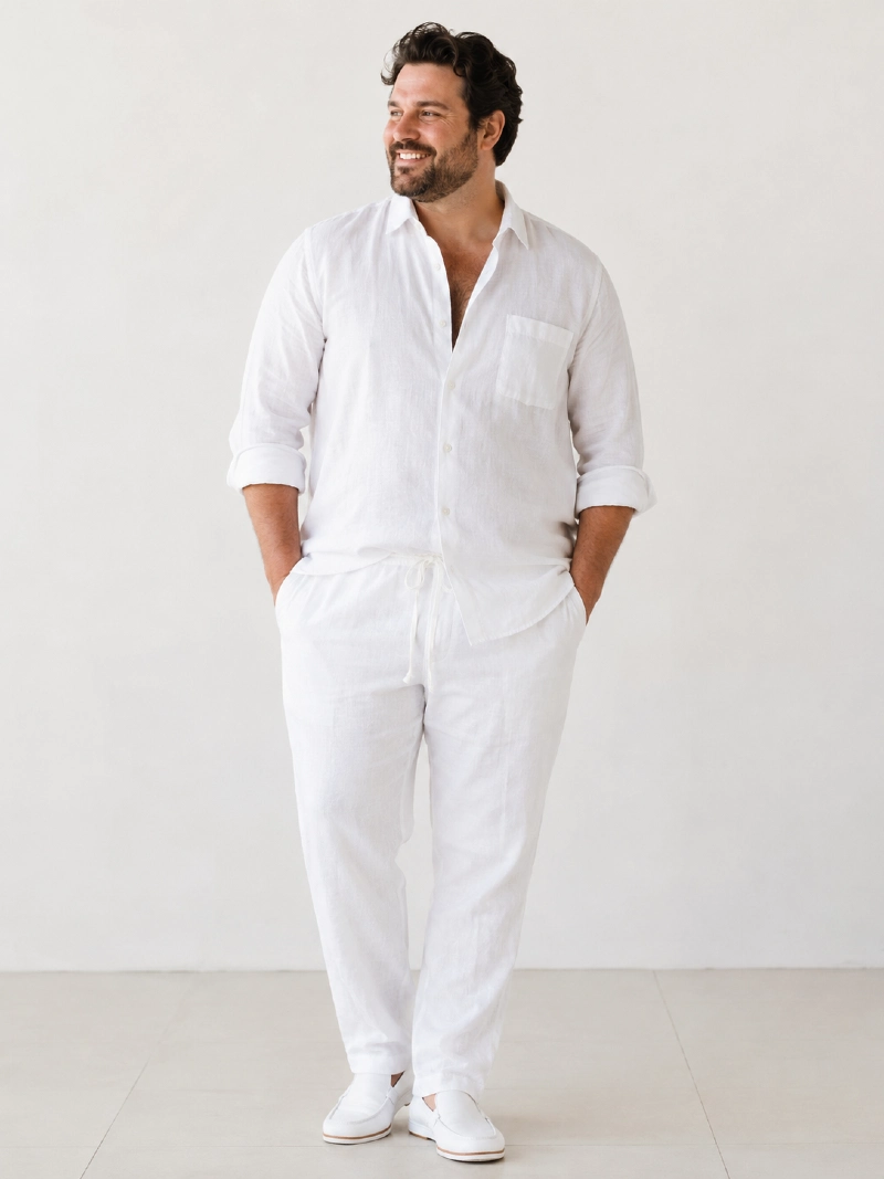 White Button-Down Shirt and Drawstring Pants