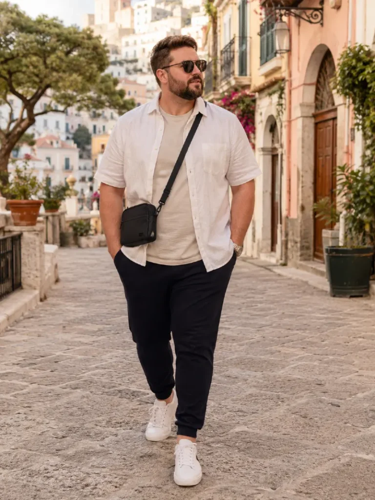 White Button-Down Shirt and Navy Joggers