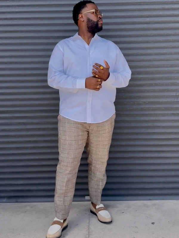 White Button-Down Shirt and Plaid Linen Pants
