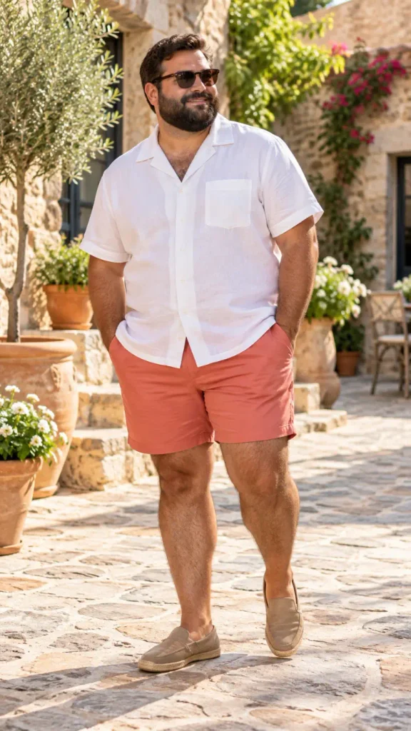 White Camp Shirt and Coral Shorts
