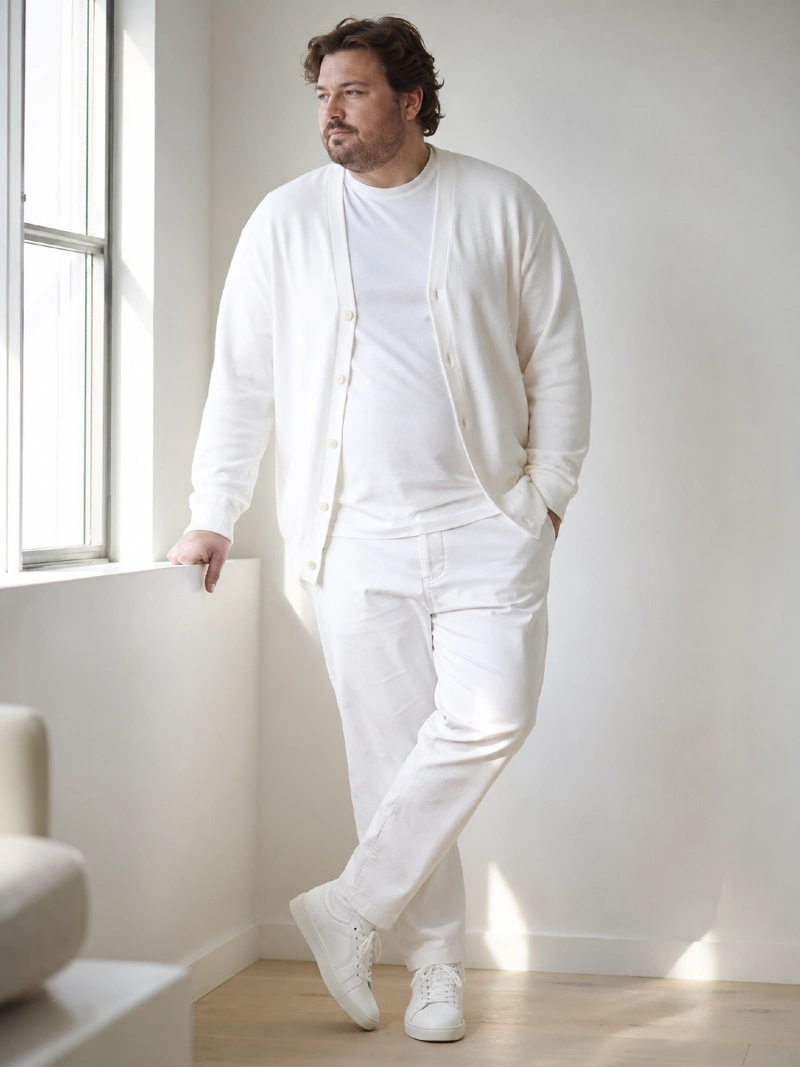 White Cardigan Sweater, Crew Neck T-Shirt, and Trousers