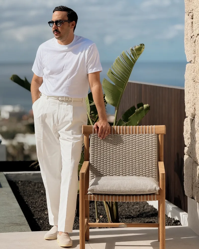 White Crew Neck T-Shirt, Belted Trousers, and Loafers