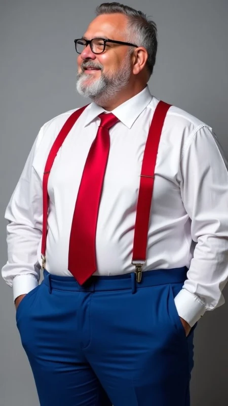 White Dress Shirt, Blue Trousers, and Red Suspenders
