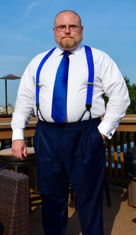 White Dress Shirt, Pinstripe Trousers, and Polka Dot Suspenders