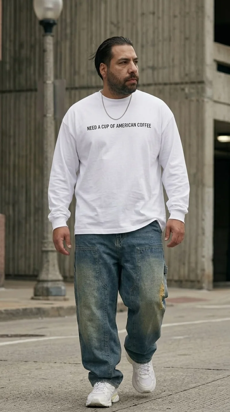 White Graphic Long-Sleeve with Faded Utility Denim