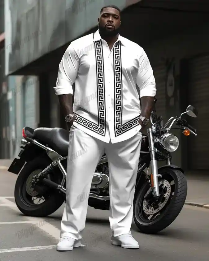 White Greek Key Button-Down Set