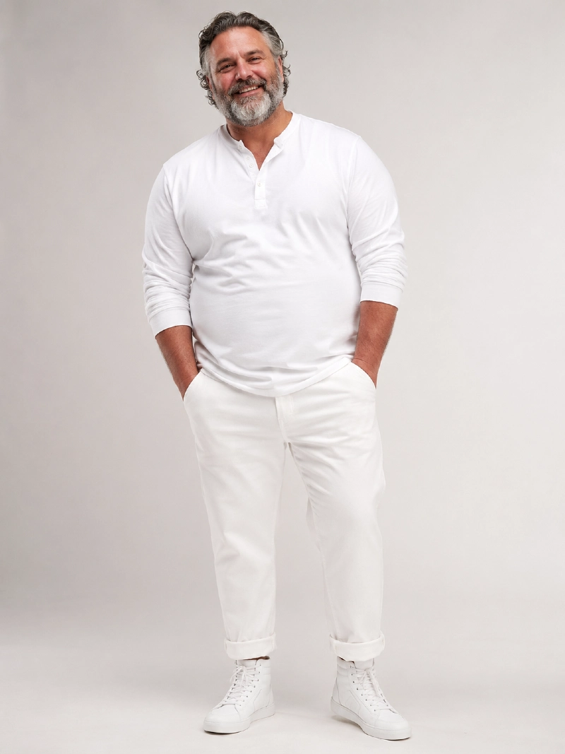 White Henley Shirt, Rolled-Up Chinos, and High-Top Sneakers