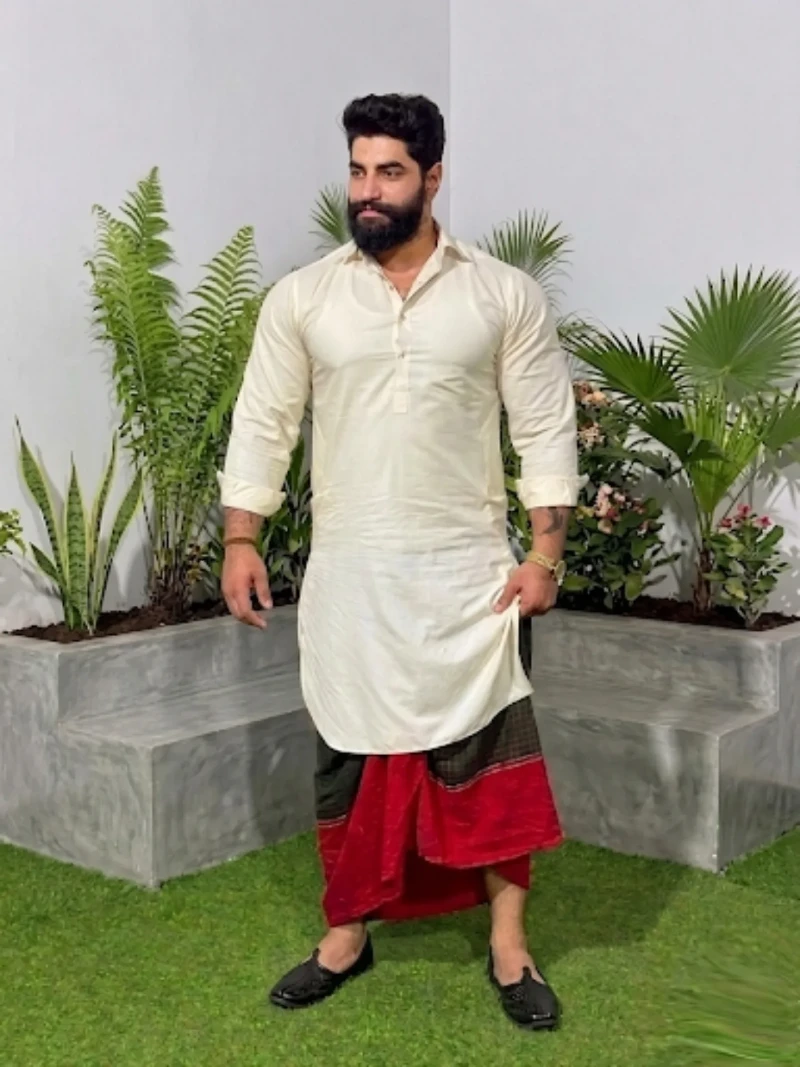 White Kurta with Contrast Dhoti